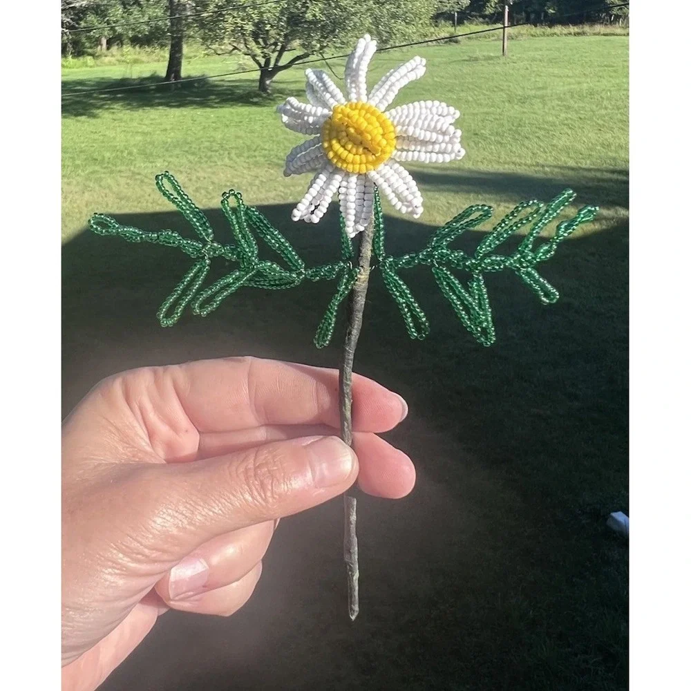 Vintage French Beaded Daisy Flowers 10 Stems Seed Bead Handmade Floral Decor